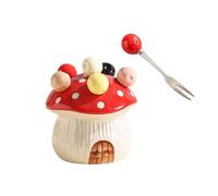 (6 Pieces) Cute Mushroom Ceramic Storage Jar Fruit Fork Household Stainless Steel Set (Red)