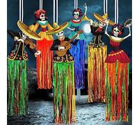 6 Pieces Day of The Dead Decorations 3 Ft Dia De Los Muertos Hanging Sugar Skull Decors Mexican Fiesta Halloween Day of The Dead Party Favor Supplies Dia Muertos Exterior Indoor Home Decor (Creepy)