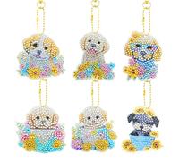 6 Pieces DIY Diamond Art Painting Key Chains Double Sided Mosaic Diamond Pendant Keyring Kits Puppy Full Drill Arts Craft Key Ring Rhinestone Pasted Embroidery Keychains for Purse Bag Decoration