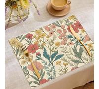 6 Pieces Fresh And Simple Placemat Heat-Resistant Yellow Pink Hand-Painted Colorful Wildflowers Dining Mat for Home Stylists, Party Hosts, Restaurant, Kitchen 45×30cm