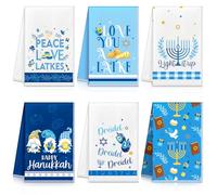6 Pieces Hanukkah Kitchen Towels Hanukkah Decorations for Home Blue Menorah Gnomes Stars Happy Hanukkah Gift Candlestick Dish Towels Jewish Festival Tea Towel Hand Drying Towel for Cooking Baking