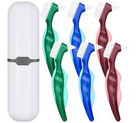 6 Pieces Hard Denture Brush Denture Toothbrush Cleaning Brush with White Carrying Case for False Teeth Cleaning (Red, Green and Blue)