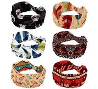 6 Pieces Headbands for Women, Boho Feather Pattern Ethnic Style Absorbed Sweat Sport Yoga Workout Headband, Soft Stretchy Wide Hairband, Twist Knotted Hairwrap