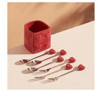 (6 Pieces) Heart-Shaped Ceramic Fruit Fork Set Afternoon Tea Hotel Restaurant Pick Storage Jar (Red)