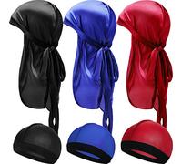 6 Pieces Kids Satin Durags with Wave Caps Set Unisex 360 Wave Headwraps with Long Tail and Wide Straps, Black, Blue, Wine Red, One size