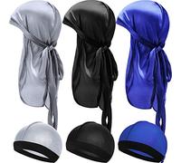 6 Pieces Kids Satin Durags with Wave Caps Set Unisex 360 Wave Headwraps with Long Tail and Wide Straps, Silver, Black, Blue, One size