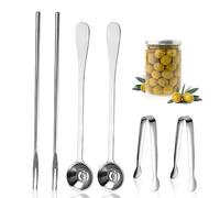 6 Pieces Long Handle Pickle Fork Olive Spoon with Drain Hole Strainer Kitchen Serving Tongs Set, Stainless Steel Pickle Picker for the Jar Cucumber Arugula Caper