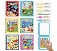 6 Pieces Magic Water Colouring Books, Reusable Water Painting Books, Animal Magic Painting Book, Vehicle Themed Mess Free Colouring Book with 6 Watercolour Pen