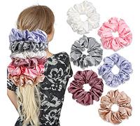 6 Pieces Oversized Satin Scrunchies for Hair, Soft Silk Elastic Hair Band Set Hair Ties Ponytail Holders for Women and Girls (Champagne, White, Silver Grey, Light Pink, Bean Red, Light Blue)