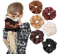 6 Pieces Oversized Satin Scrunchies for Hair, Soft Silk Elastic Hair Band Set Hair Ties Ponytail Holders for Women and Girls (White, Red Brown, Black, Light Coffee, Dark Coffee, Brown)