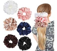 6 Pieces Oversized Satin Scrunchies Set Silk Elastic Hairband Hair Ties Soft Ponytail Holders for Women Girls, Pink, Champagne, Coffee, White, Black and Navy Blue