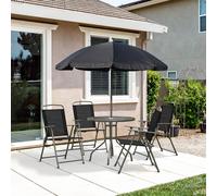 6 Pieces Patio Dining Set with Umbrella 4 Folding Chairs & Glass Table Outsunny Black One Size