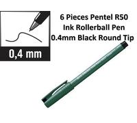 6 Pieces Pentel R50 Roller Ball Pen Green Plastic Barrel 0.4mm Black Round Tip