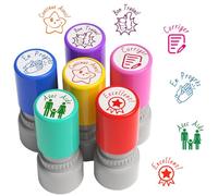 6 Pieces Self-Inking Teacher Stamps, French Teacher Ink Stamp, Praise Encouragement Children's Stamp, Teacher Assessment Reward Motivation Stamps with Box for Students Homework