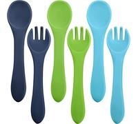 6 Pieces Silicone Baby Cutlery Set Baby Spoon and Fork Set Toddler First Self Feeding Weaning Utensils Set for Over 6 Months Babies Boy Girl Toddlers (Fresh Color,Simple Style)