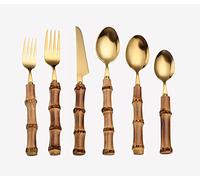 6 Pieces Stainless Steel Kitchen Silverware Dessert Knife, Fork and Spoon, Bamboo Handle Set (Gold)