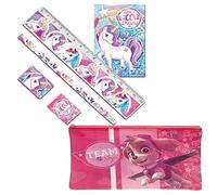 6-Pieces Stationery Set of Paw Patrol Skye and Unicorn Dreams Flat Pencil Case, Pencil, Ruler, Eraser, Sharpener and Mini Notepad Student Set, Best Gift for Kids