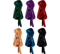 6 Pieces Stretchable Luxury Velvet Durag Cap Straps Headwraps With Long Tail And Wide Straps (Green, Purple, Red, Gold, Blue, Dark)