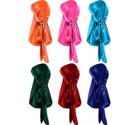 6 Pieces Stretchable Luxury Velvet Durag Cap Straps Headwraps With Long Tail And Wide Straps (Orange, Pink, Light Blue, Green, Red, Sapphire Blue)