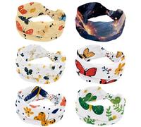 6 Pieces Stretchy Headbands for Women, Yoga Workout Sport Headband, Flowers with Butterfly in the Sky Shiny Trail Twisted Knot Turban Hair Wrap, Wide Hairband