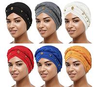 6 Pieces Turbans for Women Turban Head Wraps for African Black Women Headscarf Cap Beanie Wrap Braided, Black, Grey, White, Wine Red, Yellow, Royal Blue, M