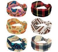 6 Pieces Wide Headbands for Women, Christmas Checkered Plaid Pattern Non Slip Workout Headband, Elastic Hair Bands, Sweat Yoga Hairband, Knotted Head Wraps for Girl Ladies