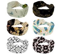 6 Pieces Women’s Headbands, Vintage Boho Sun Moon Clouds Elastic Wide Headband, Non-Slip Hairband, Moisture-Wicking Workout Head Band for Yoga, Gym, Running, Fitness, Sport