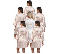 6 Pieces Women's Kimono Short Robe Wedding Party Bride & Bridesmaids Sets Bridal Shower Getting Ready Robes, Champagne & White, One Size