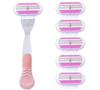 6 Pieces Women's Replacement Blades with 1 Handle, 3 Stainless Steel Anti-Corrosion Blades with Protective Lubricating Strip Ergonomic Handle Soft Shave for Body & Sensitive Areas (Pink)