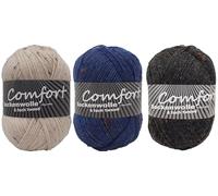 6-Ply Sock Wool, Stocking Wool, 3 x 150 g, Knaul, 375 m Running Length, Thick Wool for Particularly Warm Socks, L, Colour Set (Tweed Beige, Blue, Dark Grey)