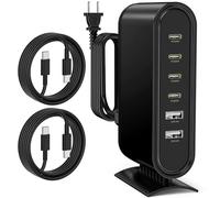 6-Ports USB C Charger Block, QC5.0 Fast Phone Charging Station with USB C to USB C Cable Type C Cord 3ft-Black