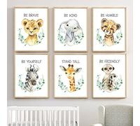 6 Posters Nordic Children's Bedroom Image Cartoon Animals Elephant Giraffe Leopard Zebra Lemur Leaves Pictures Wall Art Canvas A4 Girl Boy Gift Unframed