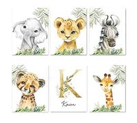 6 Prenom Personalised Baby Elephant Lion Zebra Leopard Giraffe Animals Jungle Decoration Posters Bedroom Children's Canvas Prints Girl Boy Gift 21 x 30 cm No Frame