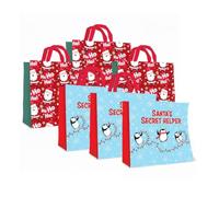 6 reusable christmas bags - medium woven xmas tote for gifts - reusable festive shopping bag - cute santa and penguin design - 40cm x 40cm x 14cm - christmas sack