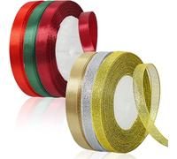 6 Rolls 10mm Christmas Ribbons,22M/Roll Satin Ribbon Set for Gift Xmas Wrapping,Red|Dark Green|Champagne|Burgundy|Clear Gold Silver Christmas Themed Colors for DIY Craft Decorative,Xmas Tree Decors