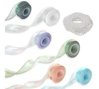 6 Rolls 40mm Organza Ribbon & Chiffon Ribbons Extra Pearl Garland | White, Grass Green, Olive Green, Blue, Pink, Purple, Ribbons for Crafting Wedding Bouquet Christmas