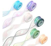 6 Rolls of 40mm Ribbons for Gift Wrapping, Transparent Organza Ribbon, White, Green, Blue, Iridescent Organza Ribbon, Chiffon Wide Gift Ribbons for Wedding Christmas Invitations Bouquet Crafts Decor