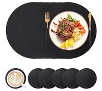 6 Round Placemats(34cm) and 6 Coasters(10cm) Set, Black Placemats for Hotel, Restaurant, Kitchen Glass Dining Table, Table Placemat Heat Resistant, Anti Slip, Washable (12PCS)