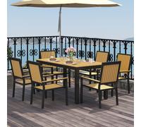 Outsunny 6 Seater Aluminium Garden Dining Set with Stackable Chairs, Brown - Natural wood finish - Aluminium, Wood Plastic Composites - 85W x 160D x 75H cm