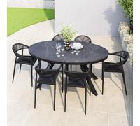 6 Seater Black Wicker Oval Garden Dining Set with Sintered Stone Table
