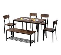 6 Seater Dining Table Set with High Back Chairs Bench Black Metal Frame Vintage Brown