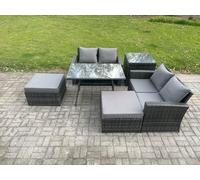 6 Seater Garden Dining Set Wicker PE Rattan Outdoor Furniture Sofa with Rectangular Dining Table Double Seat Sofa 2 Big Footstool Side Table Fimous Dark Grey One Size