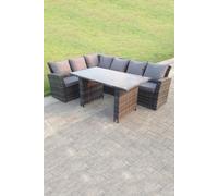 Fimous 6 Seater High Back Rattan Garden Furniture Set Corner Sofa With Black Tempered Glass Dining Table