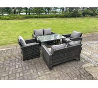 Fimous 6 Seater Outdoor Dark Grey Mixed High Back Rattan Sofa Dining Table Set Garden Furniture