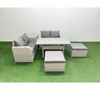Fimous 6 Seater Outdoor Love Sofa Set Rattan Garden Furniture Set with Rectangular Dining Table 2 Footstool Side Table Light Grey