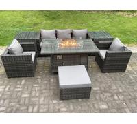 Fimous 6-Seater PE Rattan Outdoor Gas Fire Pit Dining Set | 2 Armchairs, 2 Side Tables, Footstool | Dark Grey