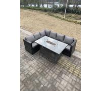 Fimous 6 Seater Outdoor Rattan Garden Corner Sofa Furniture Gas Fire Pit Table Sets Gas Heater Lounge Dark Grey