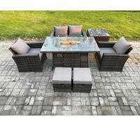 6 Seater Outdoor Rattan Sofa Set Garden Furniture Gas Firepit Dining Table Heater with Side Table Fimous Dark Grey One Size
