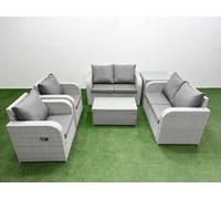 Fimous 6 Seater Outdoor Reclining Chair Love Sofa Set Rattan Garden Furniture Set with Rectangular Coffee Table Side Table Light Grey