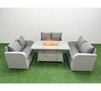 6 Seater PE Wicker Rattan Furniture Sofa Sets with Firepit Dining Table 2 Seater Love Sofa Light Grey Fimous Light Grey One Size